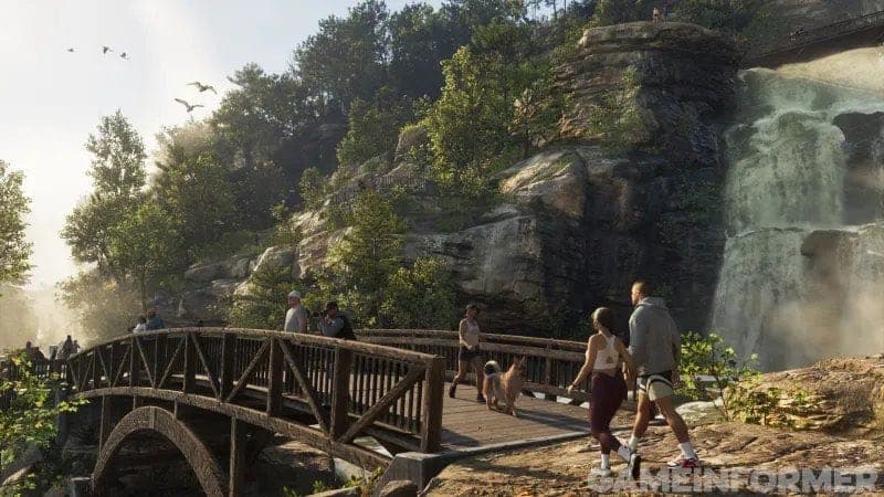 Visitantes caminham por uma ponte diante de uma cachoeira em Leonida, cenário de exploração de GTA 6