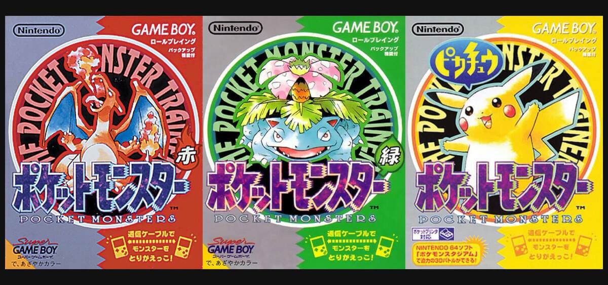 Capas japonesas de Pokémon Red, Green e Yellow para Game Boy