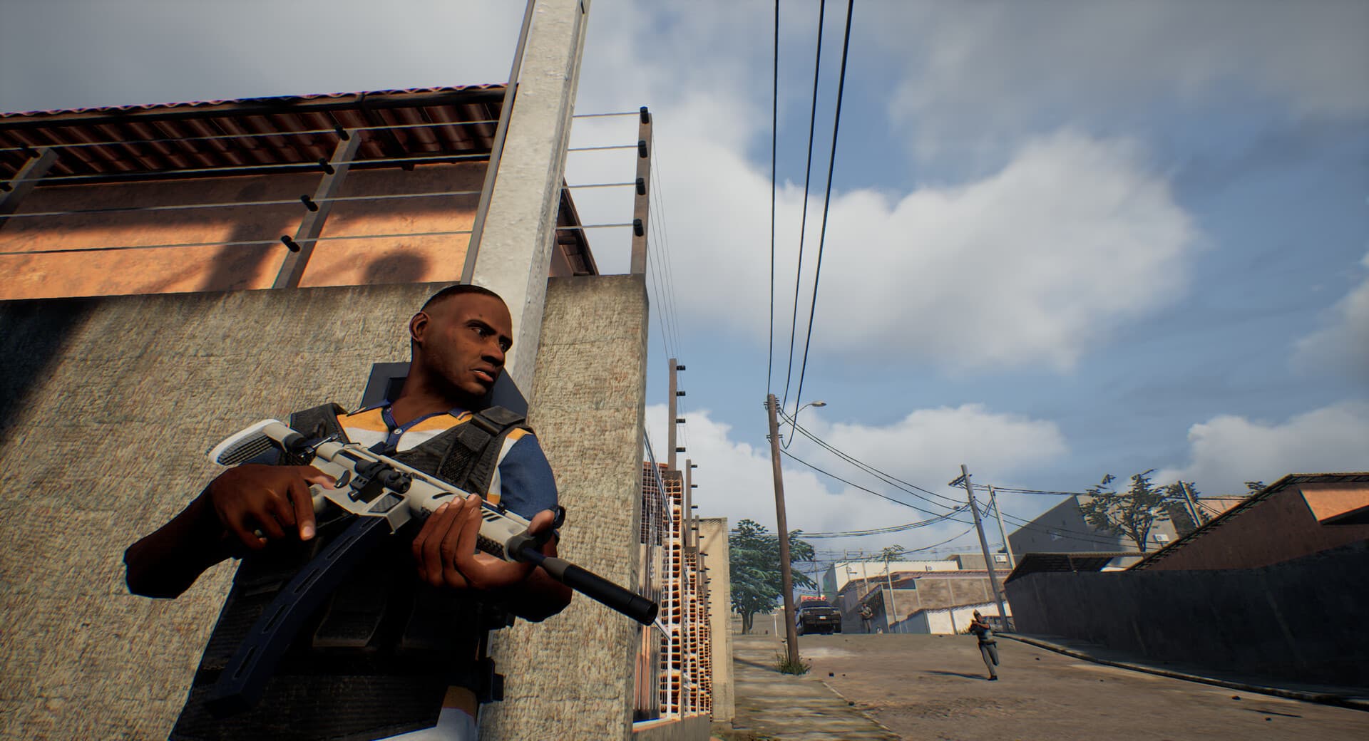 Captura oficial do jogo 171, da Betagames Group, com personagem armado em uma rua de bairro