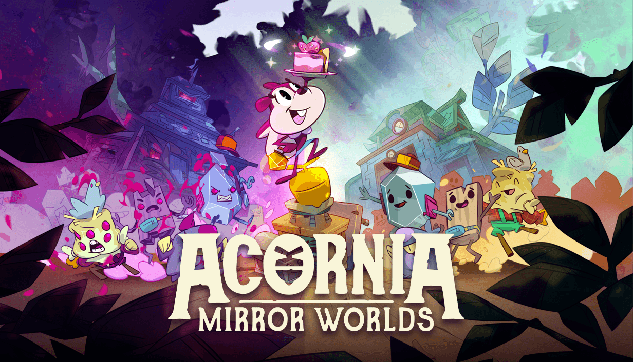 Arte oficial de Acornia: Mirror Worlds, com Alva equilibrando um bolo entre os dois lados do mundo espelhado