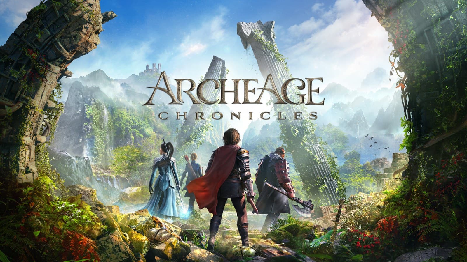 Arte oficial de ArcheAge Chronicles com três aventureiros de costas diante de uma floresta exuberante e ruínas de pedra em Auroria