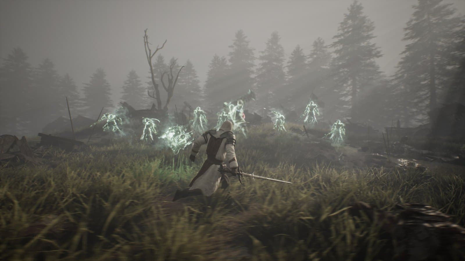 Combate contra espíritos numa floresta de Auroria.
