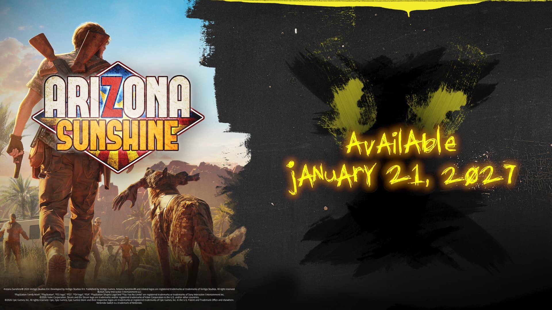 Arte do remake de Arizona Sunshine com o sobrevivente Sunny e o cachorro Buddy diante de zumbis e a data 21 de janeiro de 2027