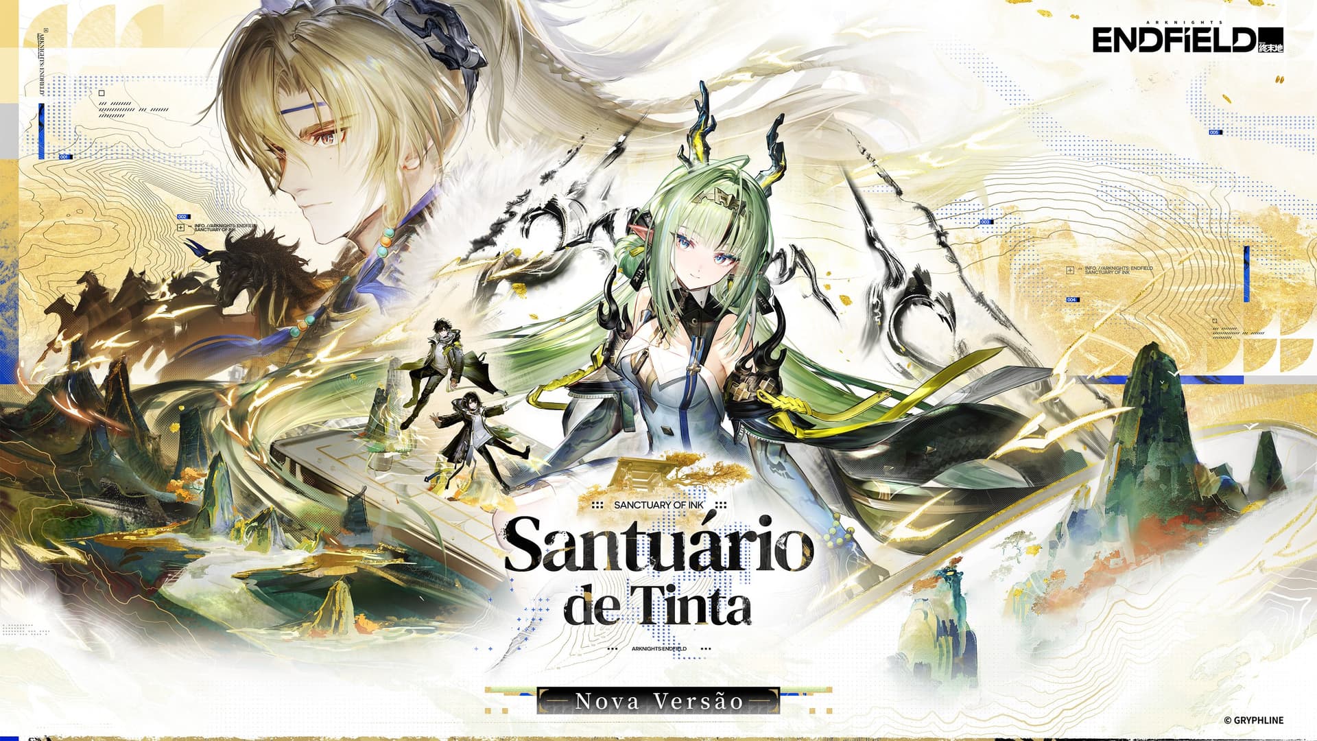 Arte oficial da atualização Santuário de Tinta de Arknights: Endfield, com Si e Argent Flow em paisagem de pintura