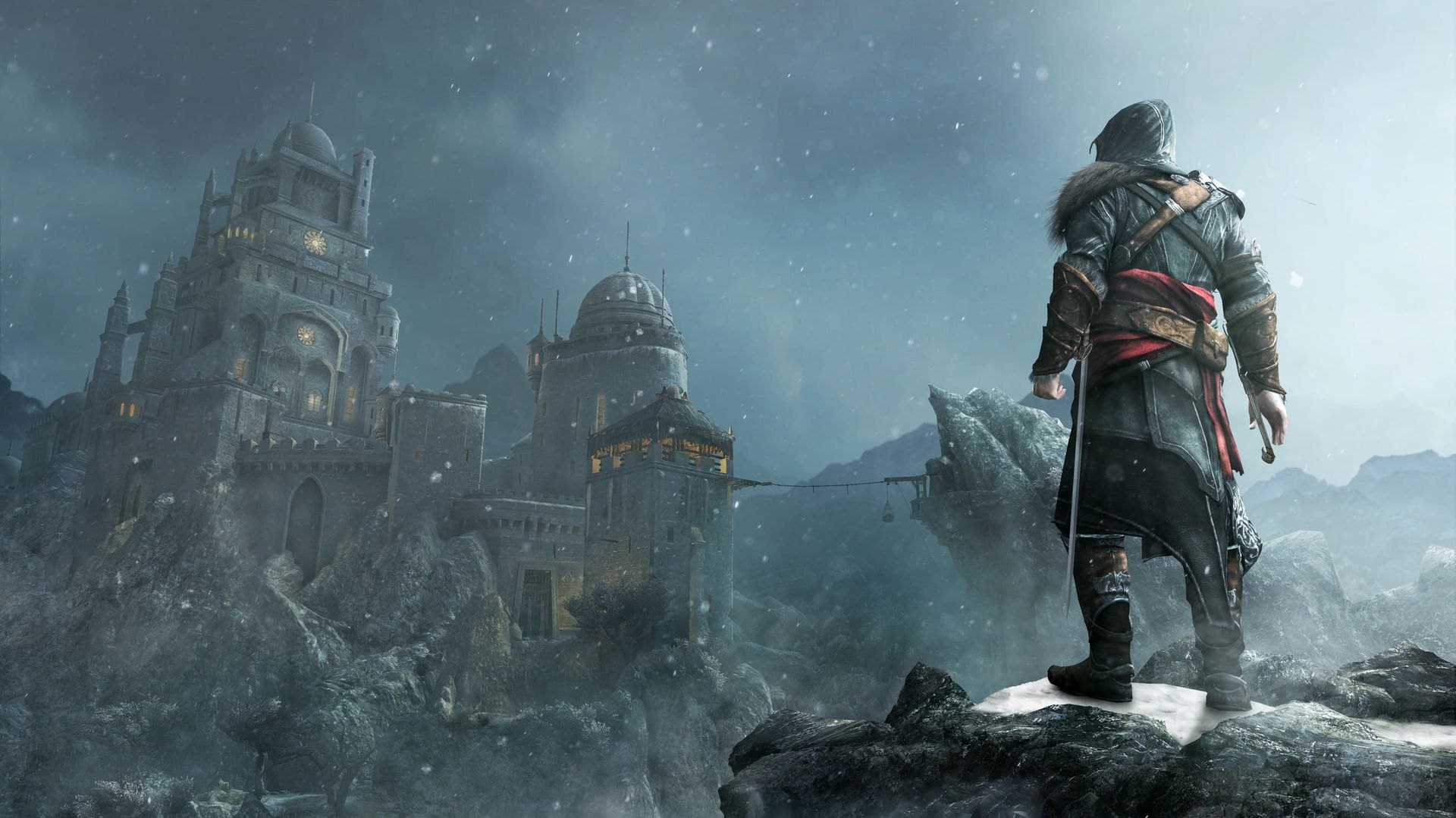 Ezio diante da fortaleza de Masyaf, coberta de neve. Assassin's Creed Revelations.