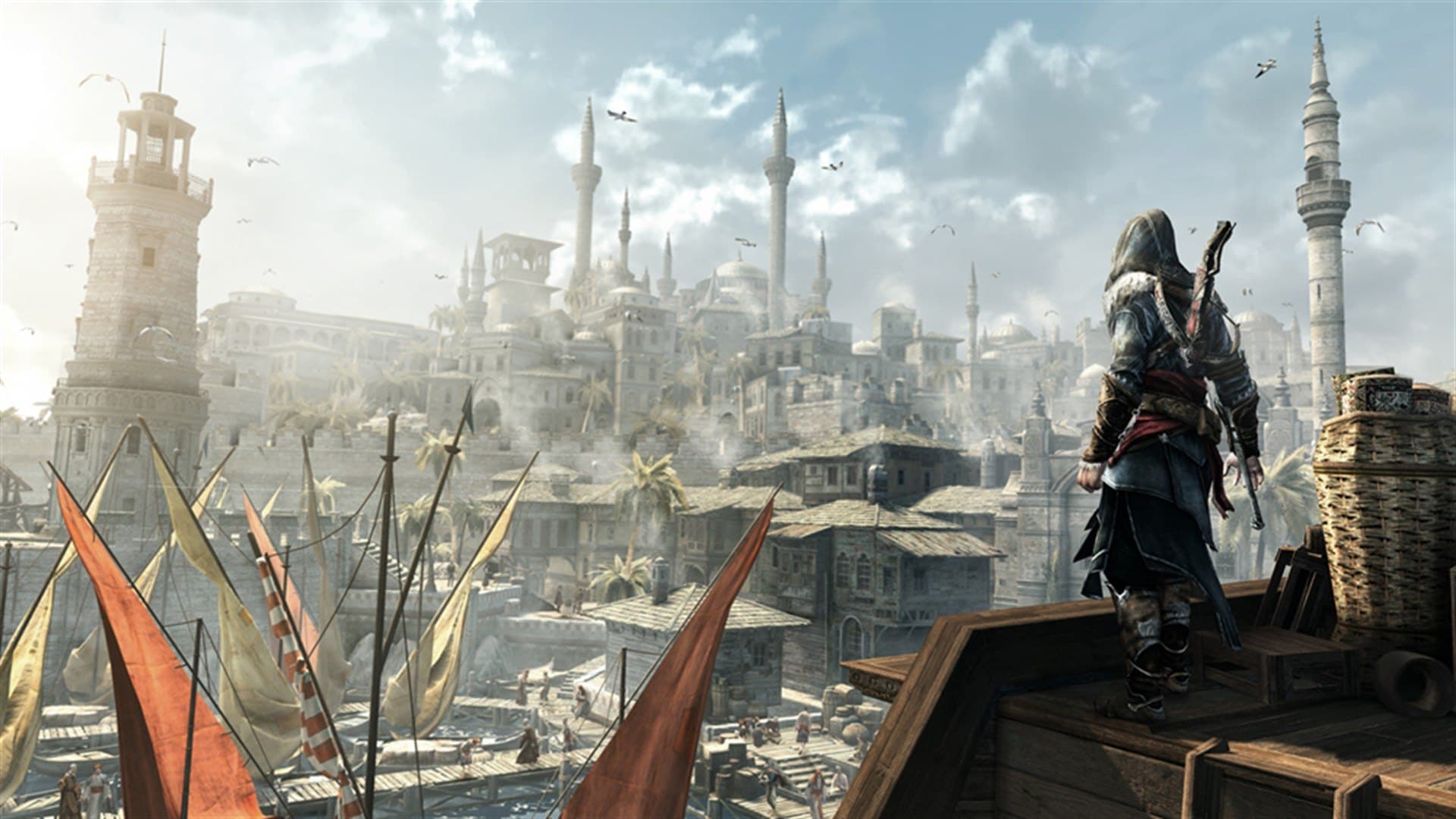 Ezio Auditore de pé sobre um telhado observando Constantinopla, com a Torre de Gálata e minaretes ao fundo