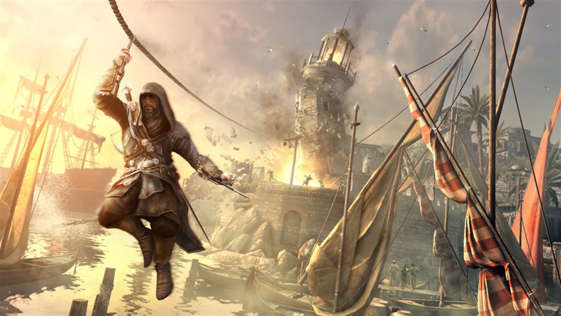 Ezio desce por uma tirolesa sobre o porto de Gálata. Assassin's Creed Revelations.