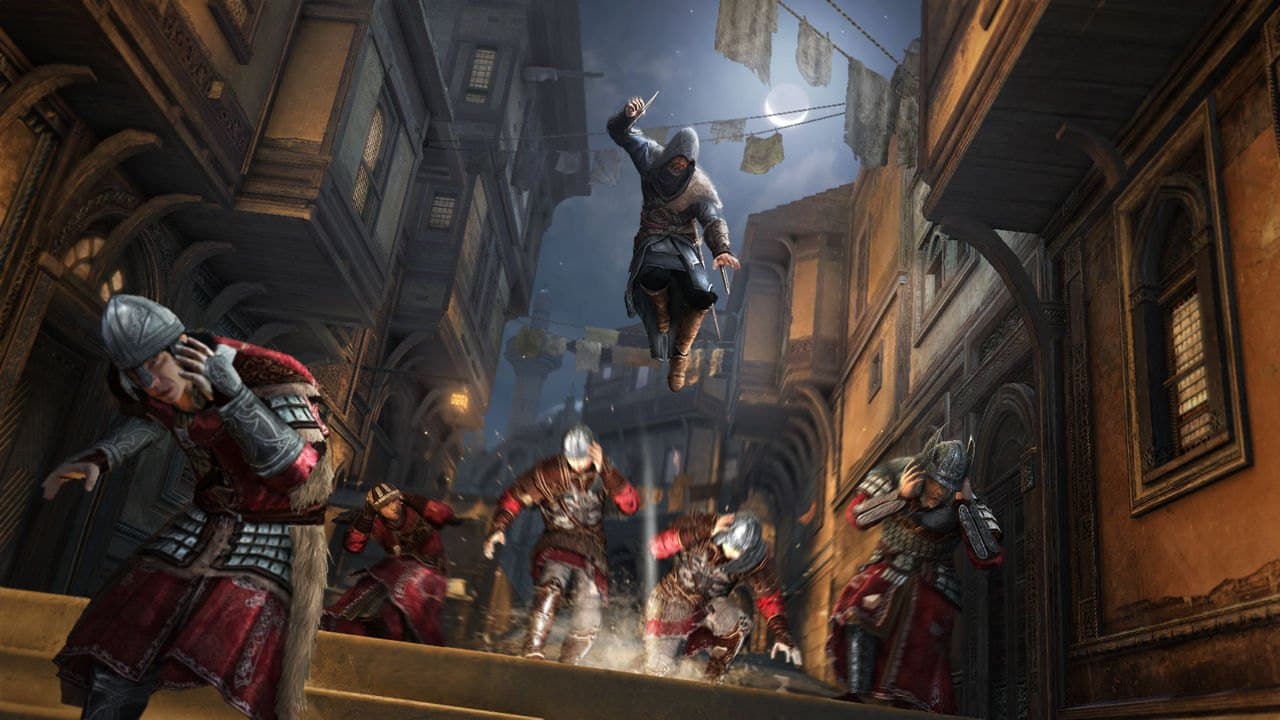 Combate noturno com a lâmina-gancho nas ruas da cidade. Assassin's Creed Revelations.