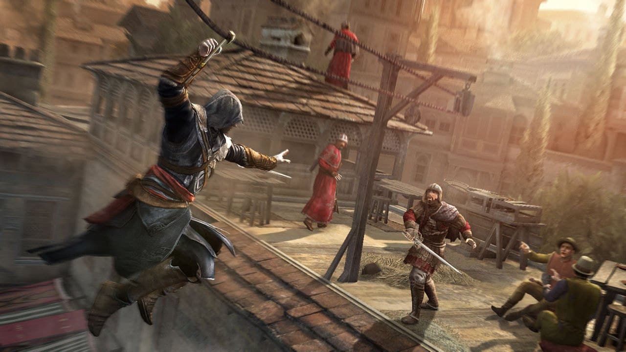 A lâmina-gancho em ação numa tirolesa sobre os telhados. Assassin's Creed Revelations.