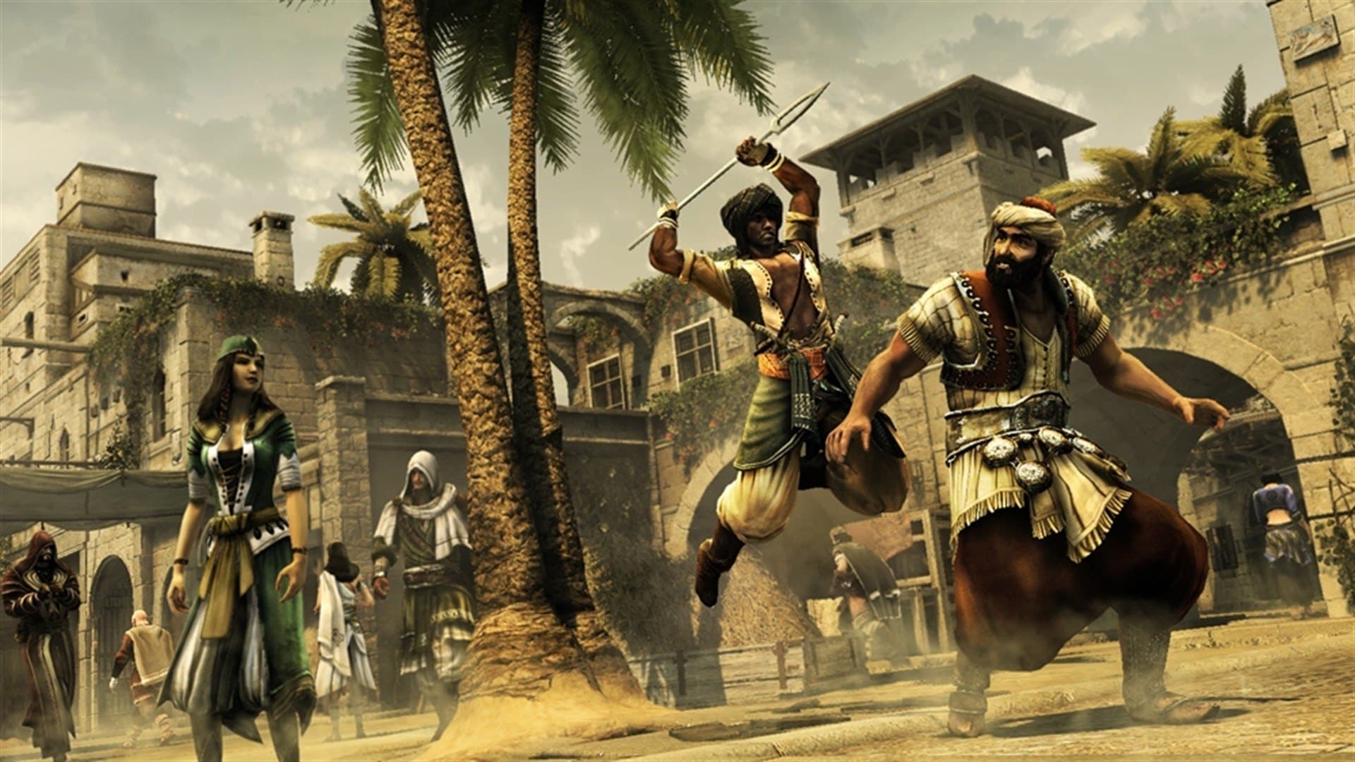Uma rua de Constantinopla sob o sol, entre palmeiras e casas de pedra. Assassin's Creed Revelations.