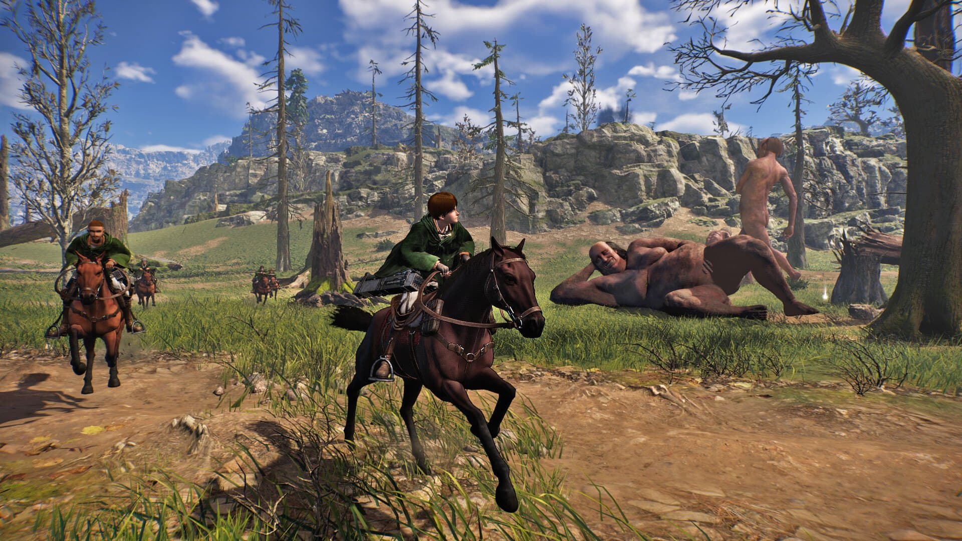 A Tropa de Exploração a cavalo, fora das muralhas, em Attack on Titan 3.