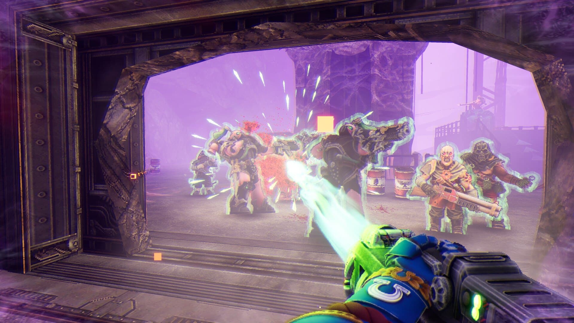 Inimigo de armadura atingido por uma explosão num cenário de neve em Warhammer 40,000: Boltgun 2