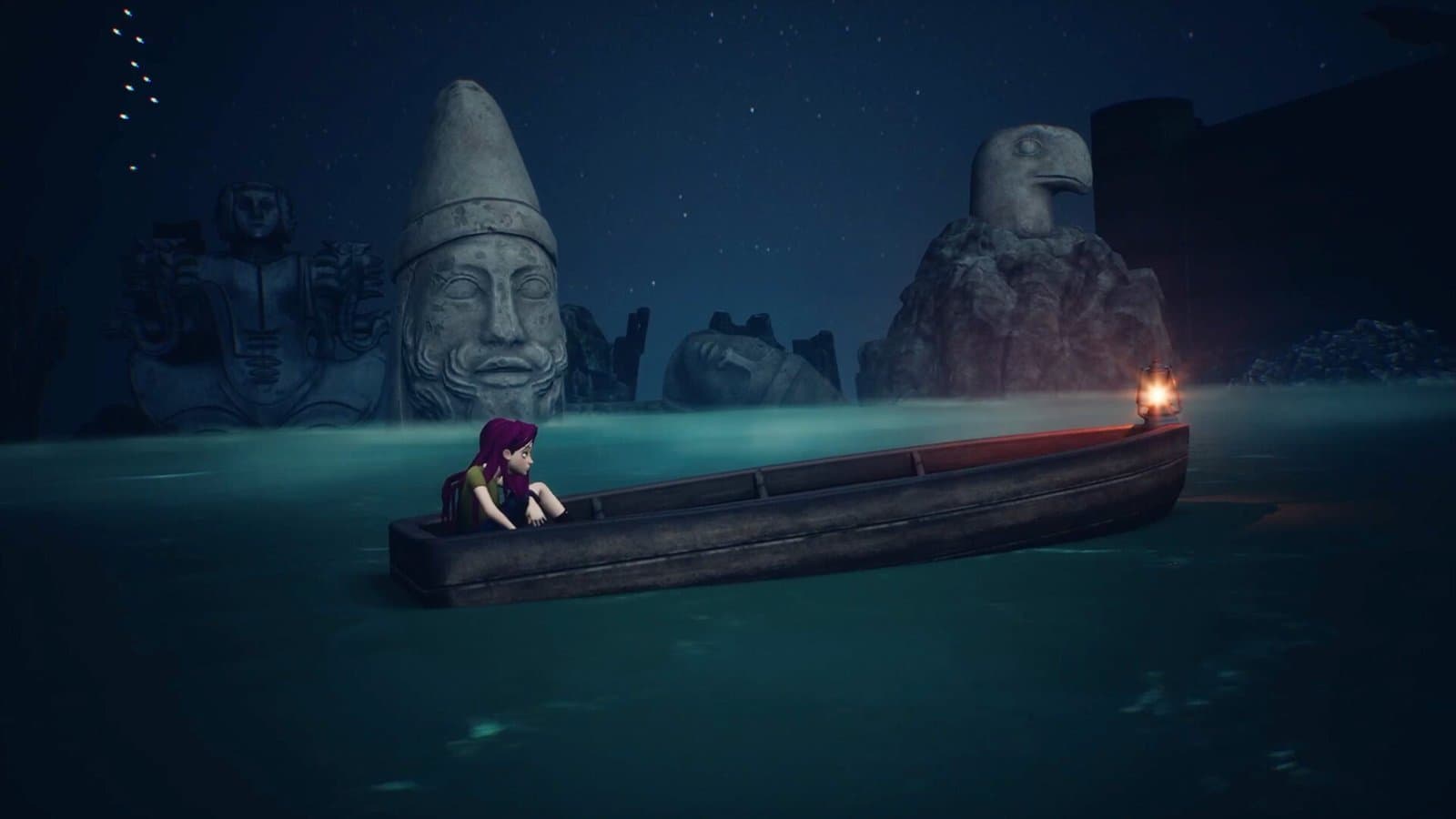 Ayasa navega em um barco entre estátuas de pedra em Ayasa: Shadows of Silence