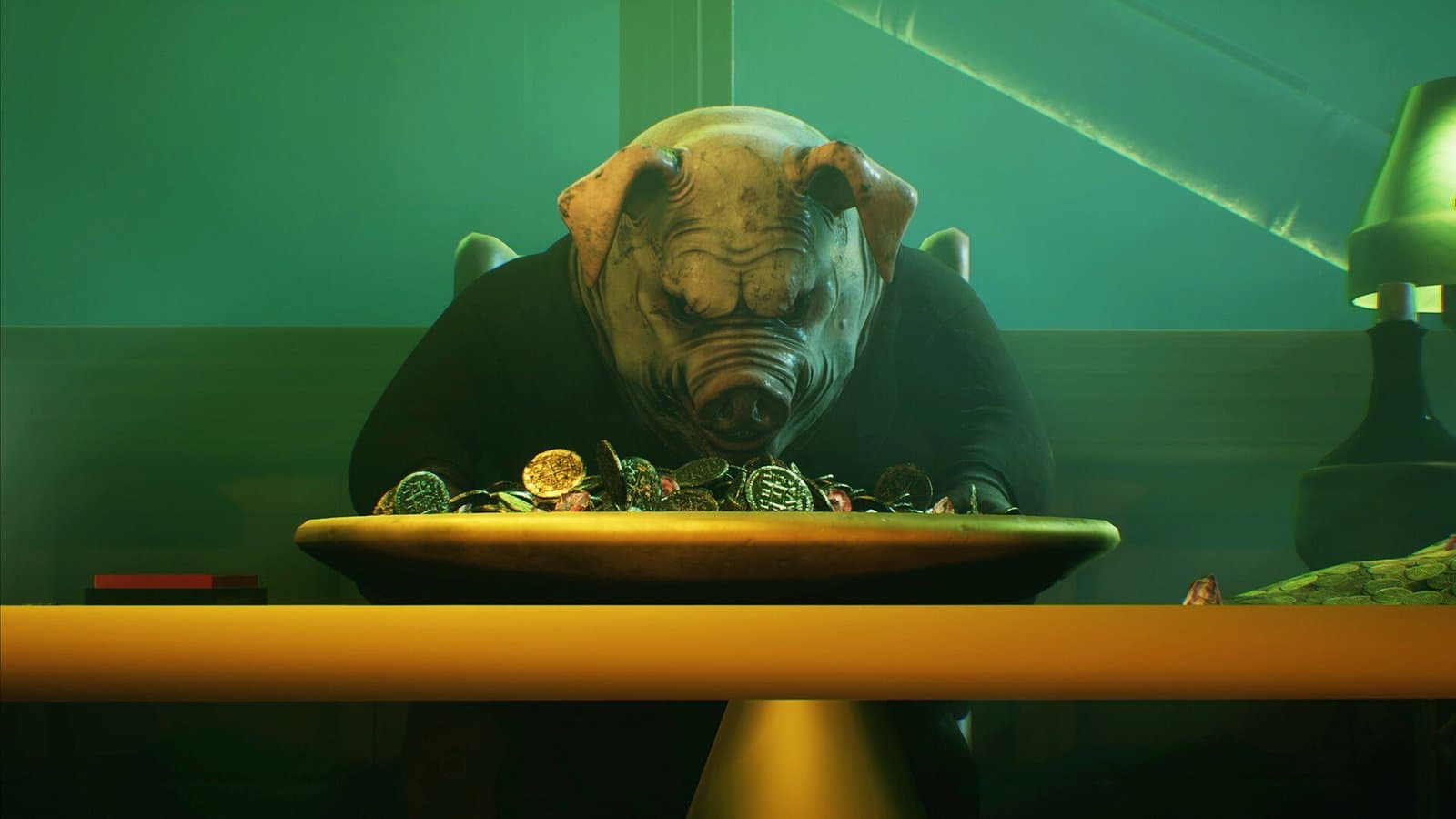 Um porco de terno diante de uma bandeja de moedas em Ayasa: Shadows of Silence.