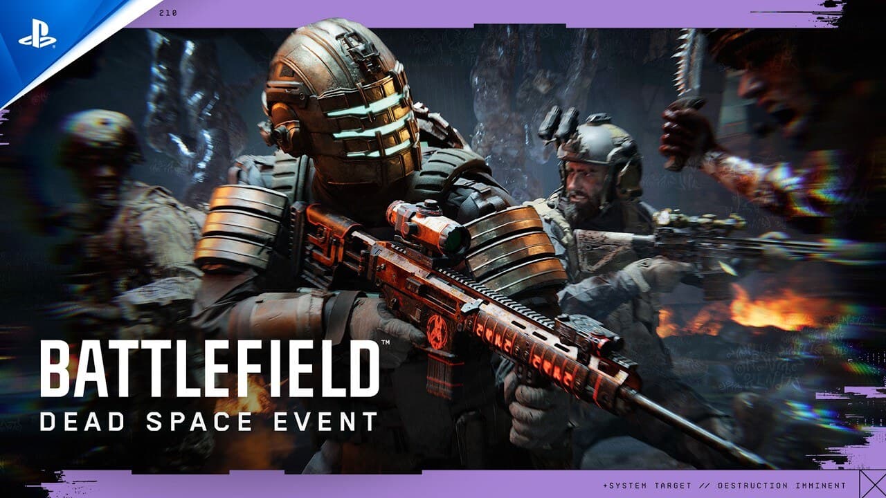 Soldado com armadura inspirada em Isaac Clarke, de Dead Space, empunhando um fuzil no evento Convergence de Battlefield 6
