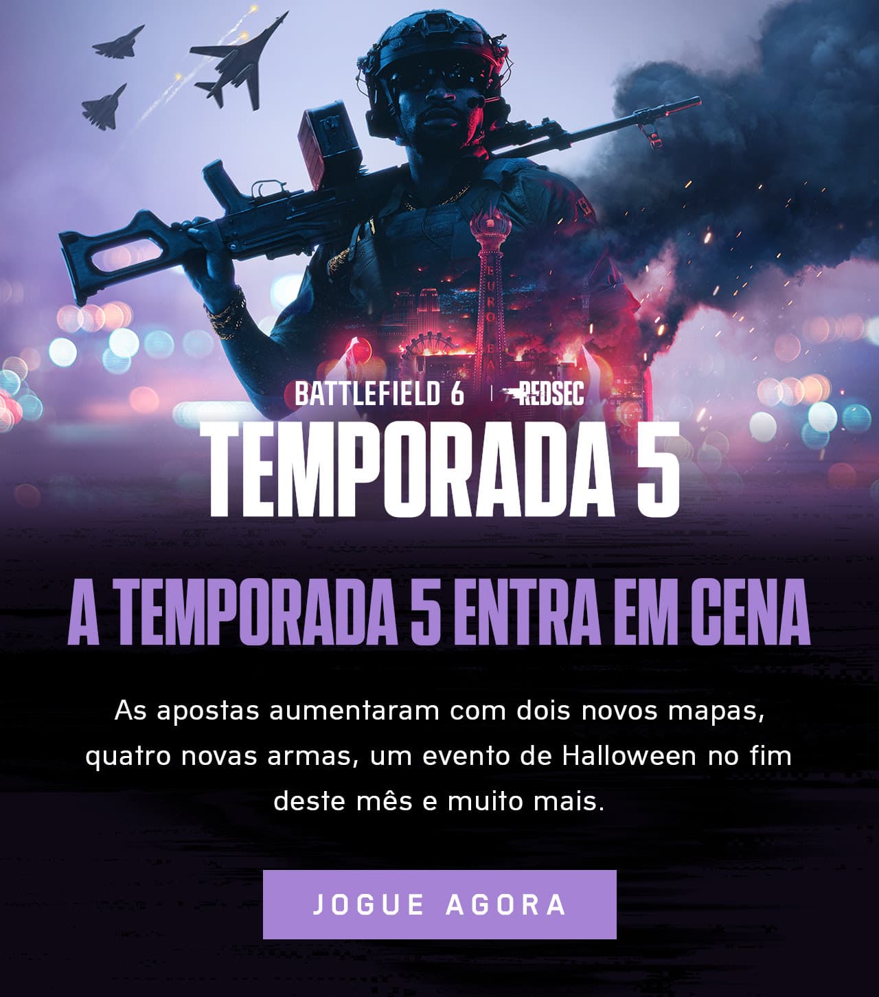 Arte oficial da Temporada 5 de Battlefield 6 com soldado e cenário urbano