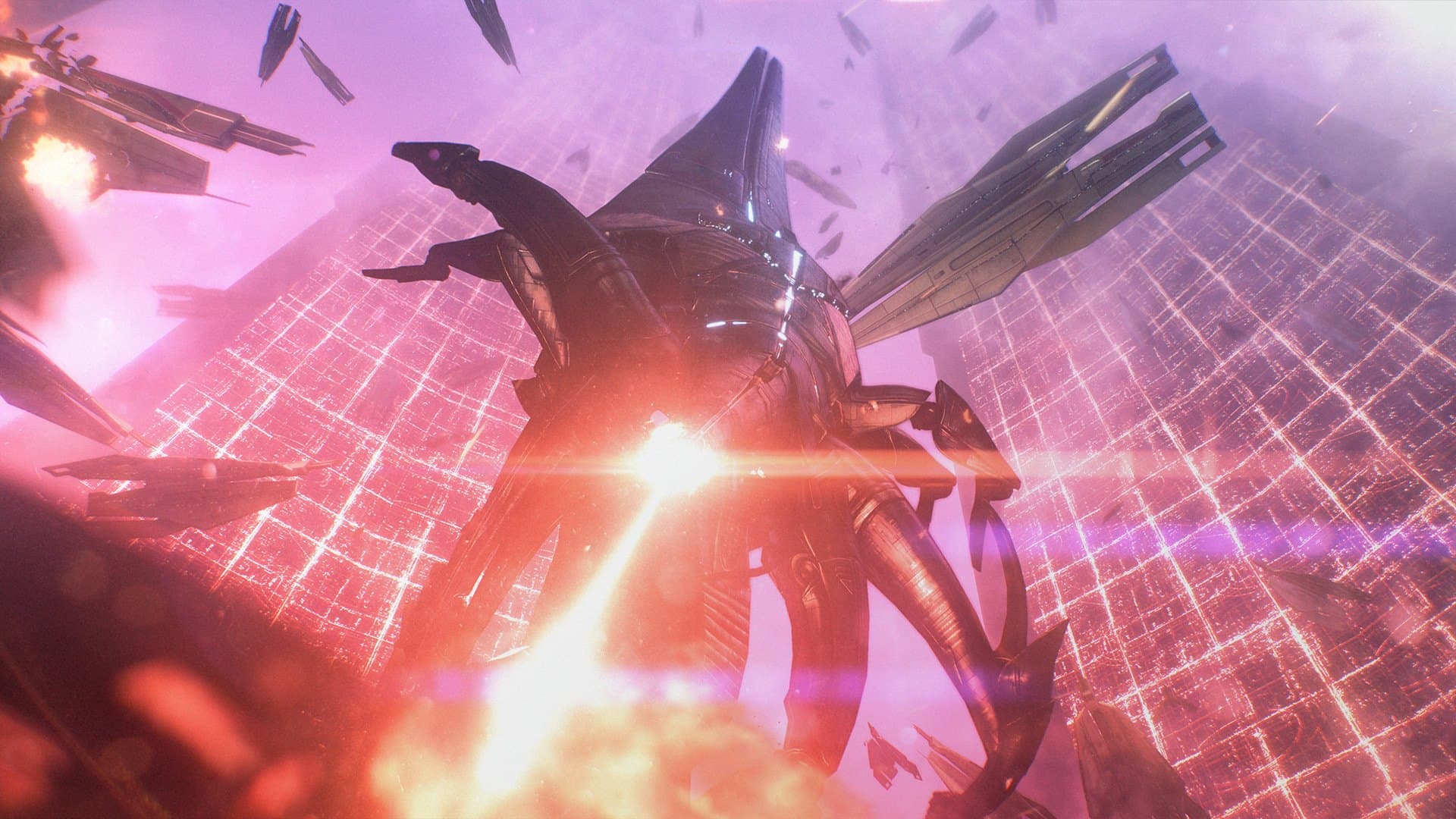 Um Reaper ataca em Mass Effect. Mass Effect Legendary Edition.