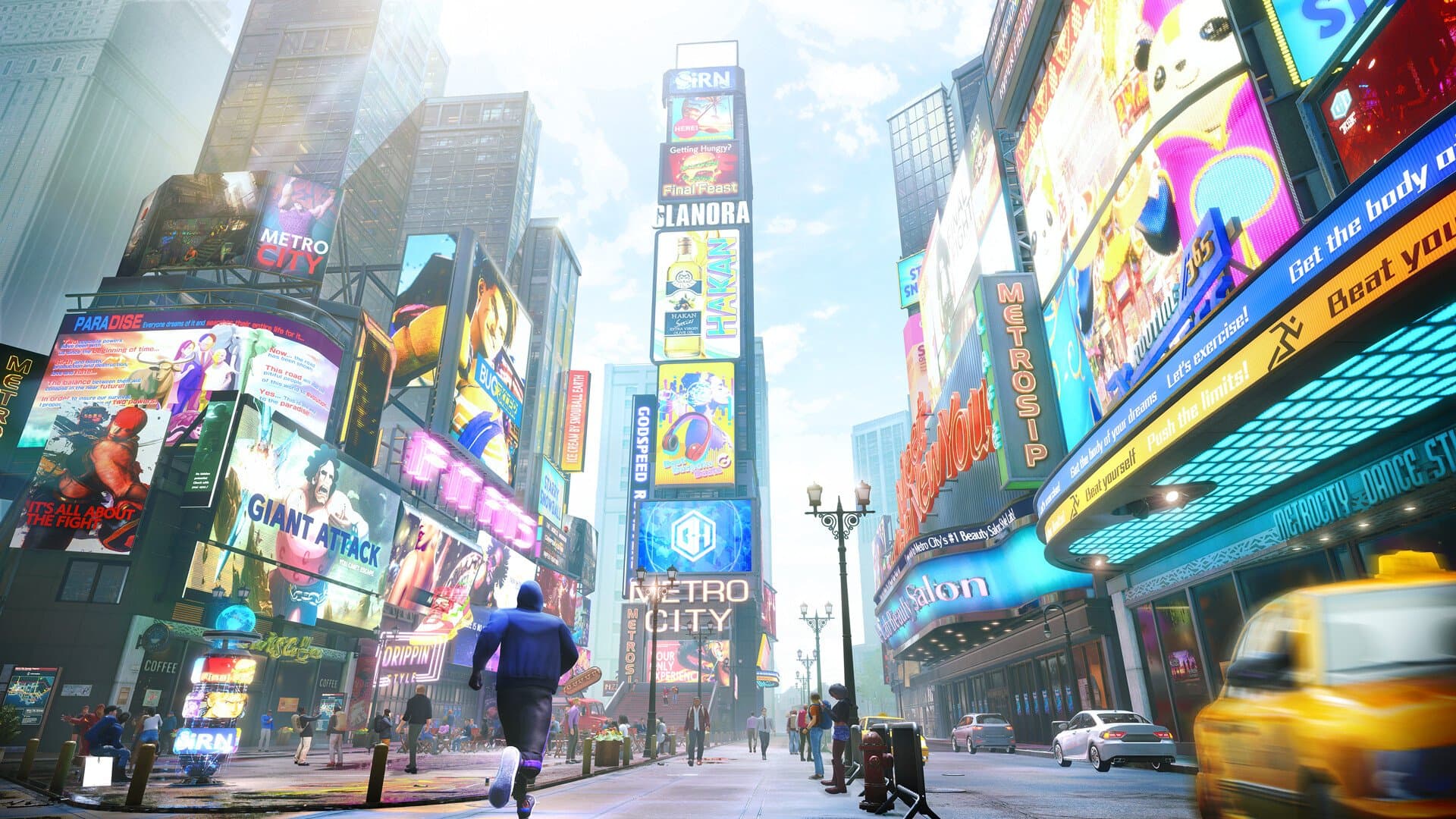Metro City, o hub online de Street Fighter 6, cheio de painéis luminosos