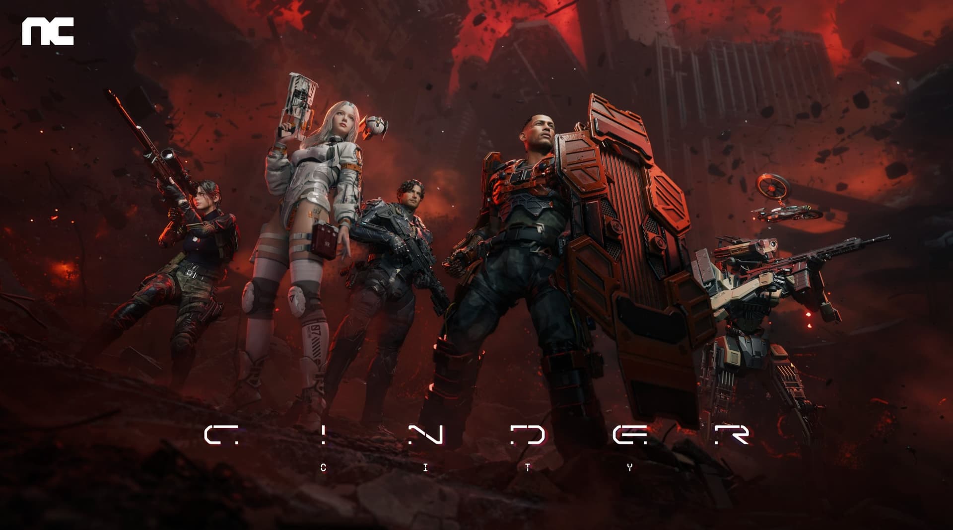 Arte oficial de Cinder City com cinco Cinderknights armados, um escudo pesado e um robô de suporte diante de uma Seul em chamas