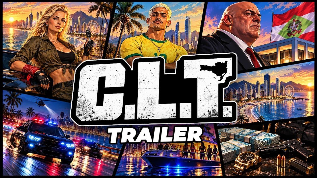 Arte do trailer de C.L.T. com os protagonistas, viaturas, uma lancha e a orla de uma cidade litorânea brasileira