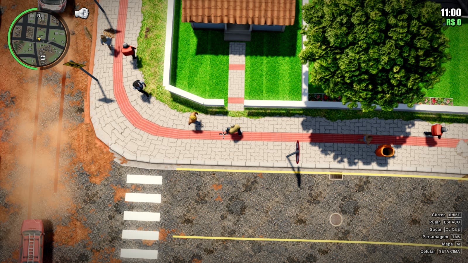 Na câmera fixa, a cidade aparece de cima, com o dinheiro contado em reais no canto da tela. Captura feita pelo Acerto Games.