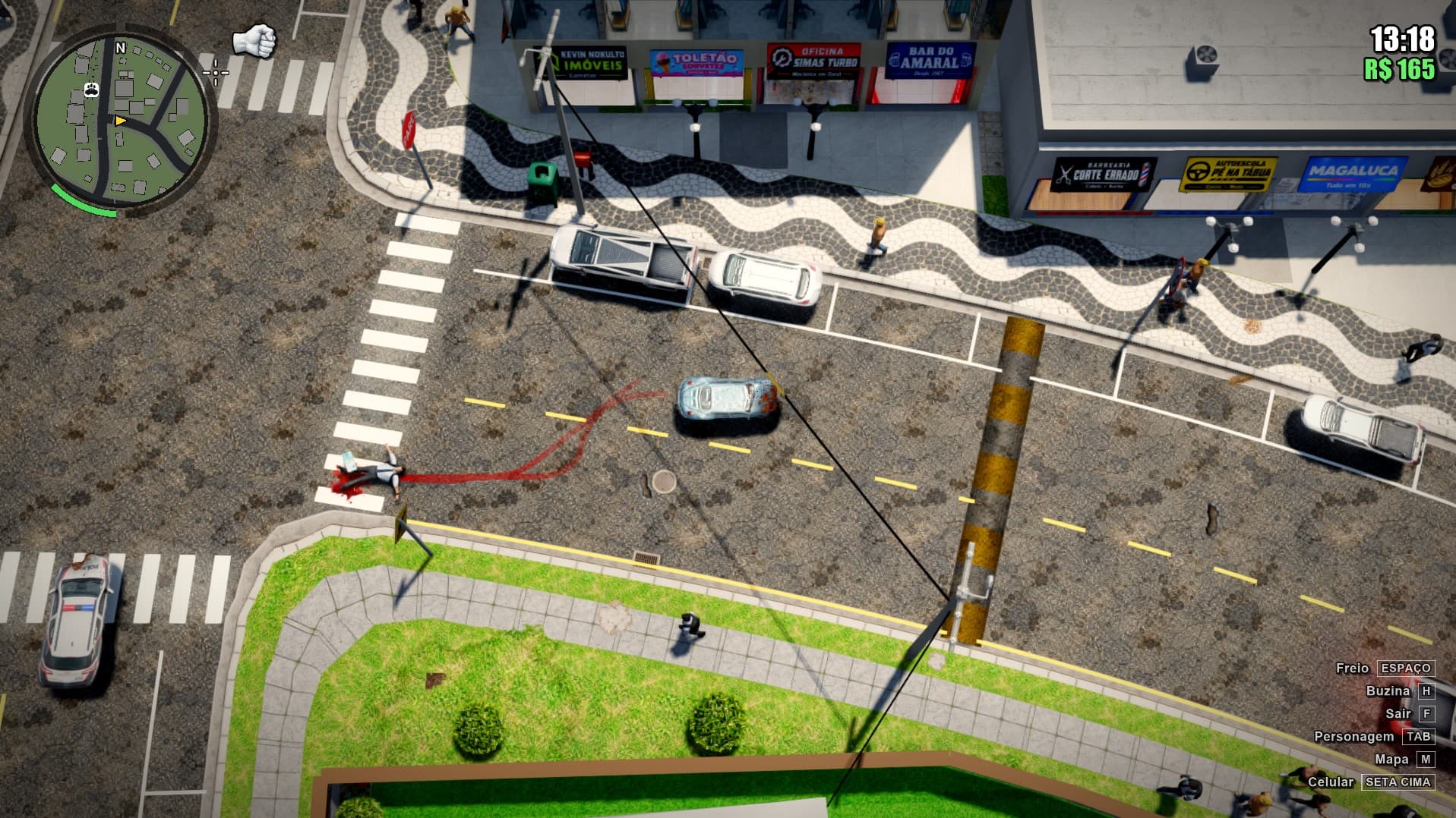 Oficina Simas Turbo, Autoescola Pé na Tábua e Magaluca: mais letreiros de humor no calçadão da cidade. Captura feita pelo Acerto Games.