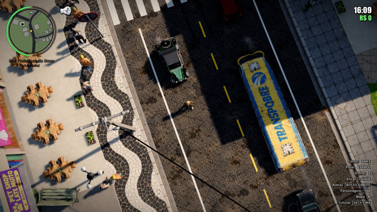 O calçadão de pedras portuguesas e o ônibus da Transpobre, uma das muitas piadas visuais do jogo. Captura feita pelo Acerto Games.