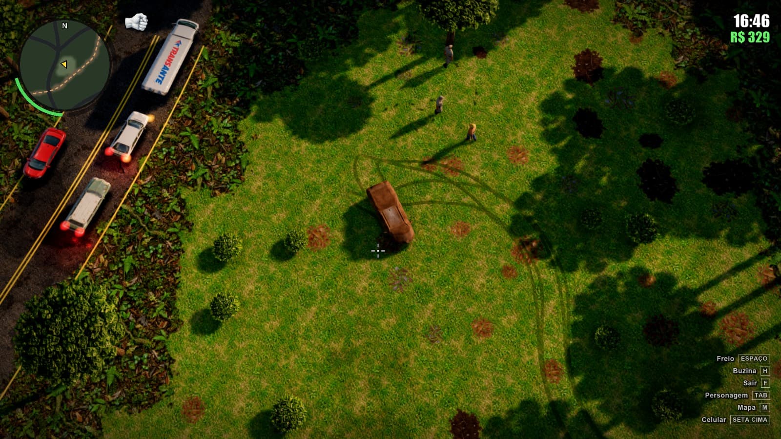 Marcas de pneu no gramado: a liberdade de sair da estrada e fazer o que der na telha. Captura feita pelo Acerto Games.