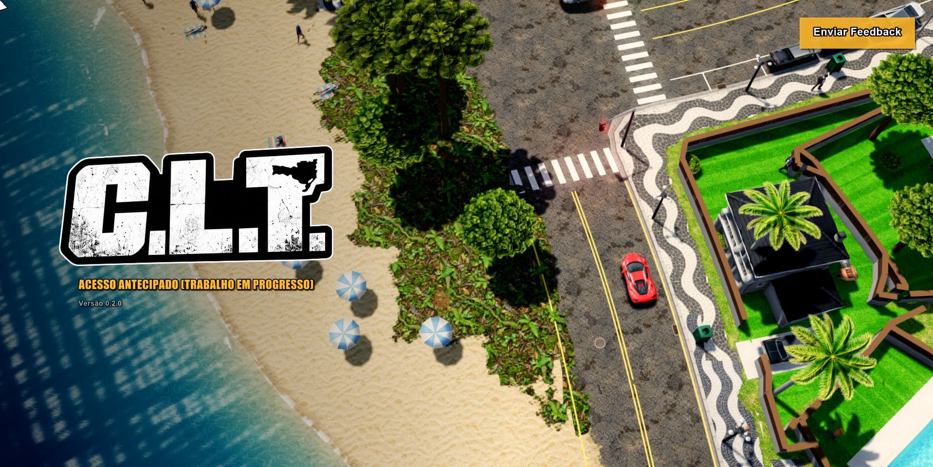 Tela inicial de C.L.T. na versão 0.2.0 do acesso antecipado, com o logo sobre a praia, a orla e um carro vermelho na avenida