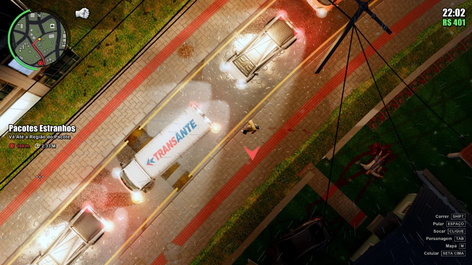A missão Pacotes Estranhos, de noite e debaixo de chuva. Captura feita pelo Acerto Games.