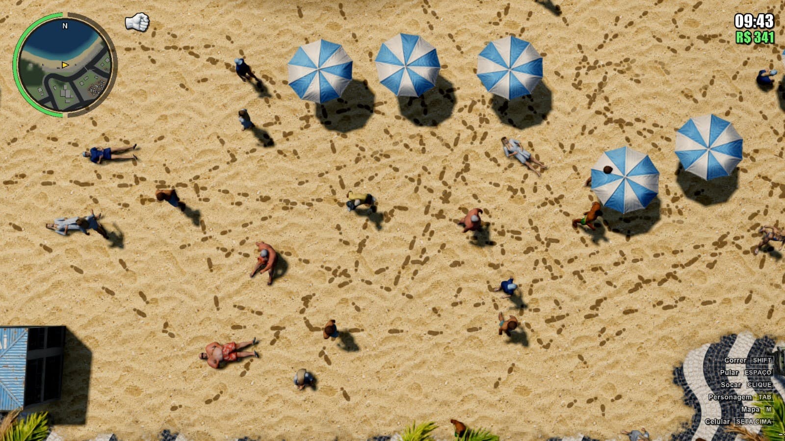 Guarda-sóis e banhistas na praia, um dos cenários da ilha. Captura feita pelo Acerto Games.