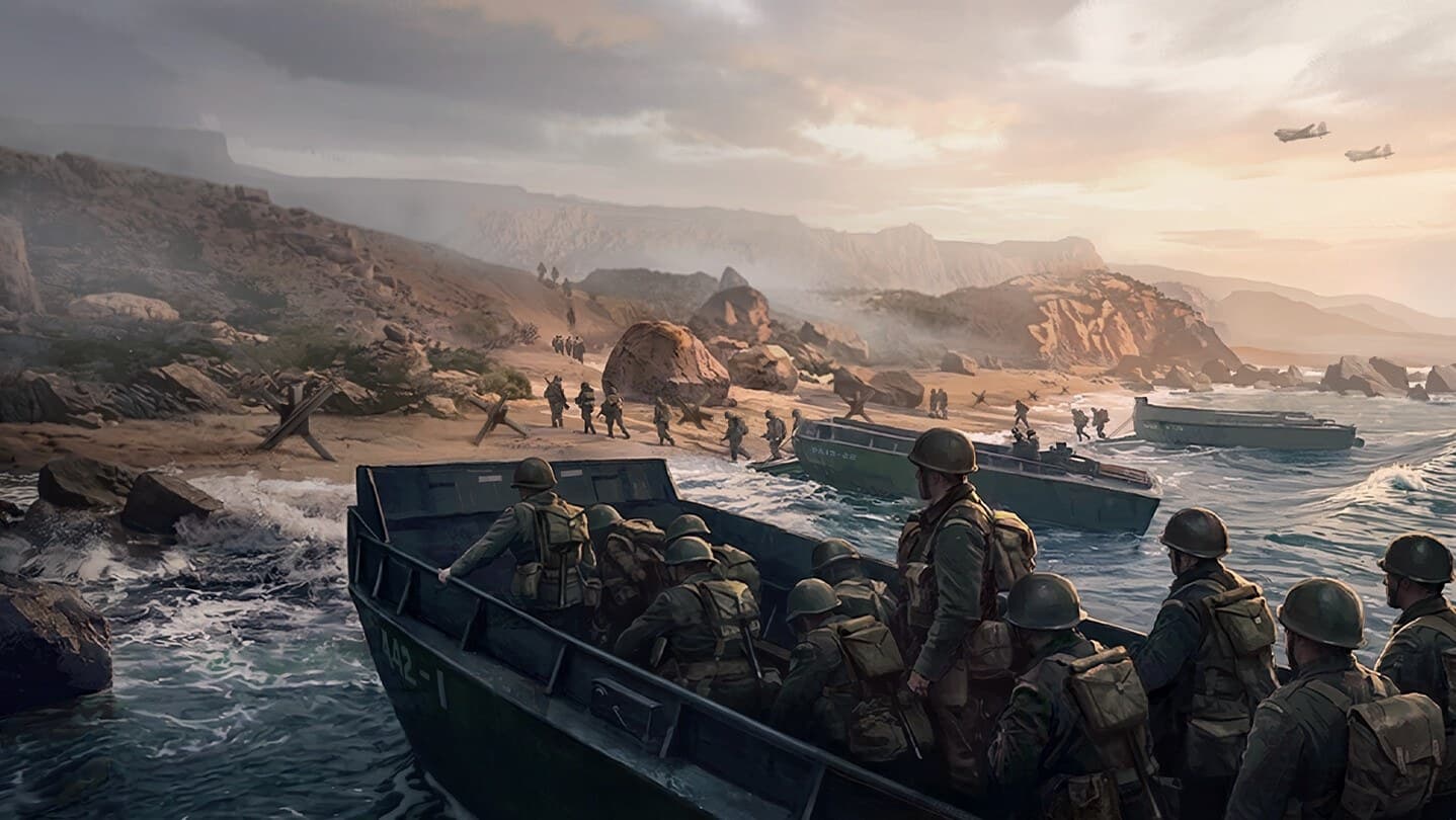 Arte oficial de Company of Heroes 3: Operation Torch com soldados americanos numa lancha de desembarque chegando a uma praia rochosa do Norte da África