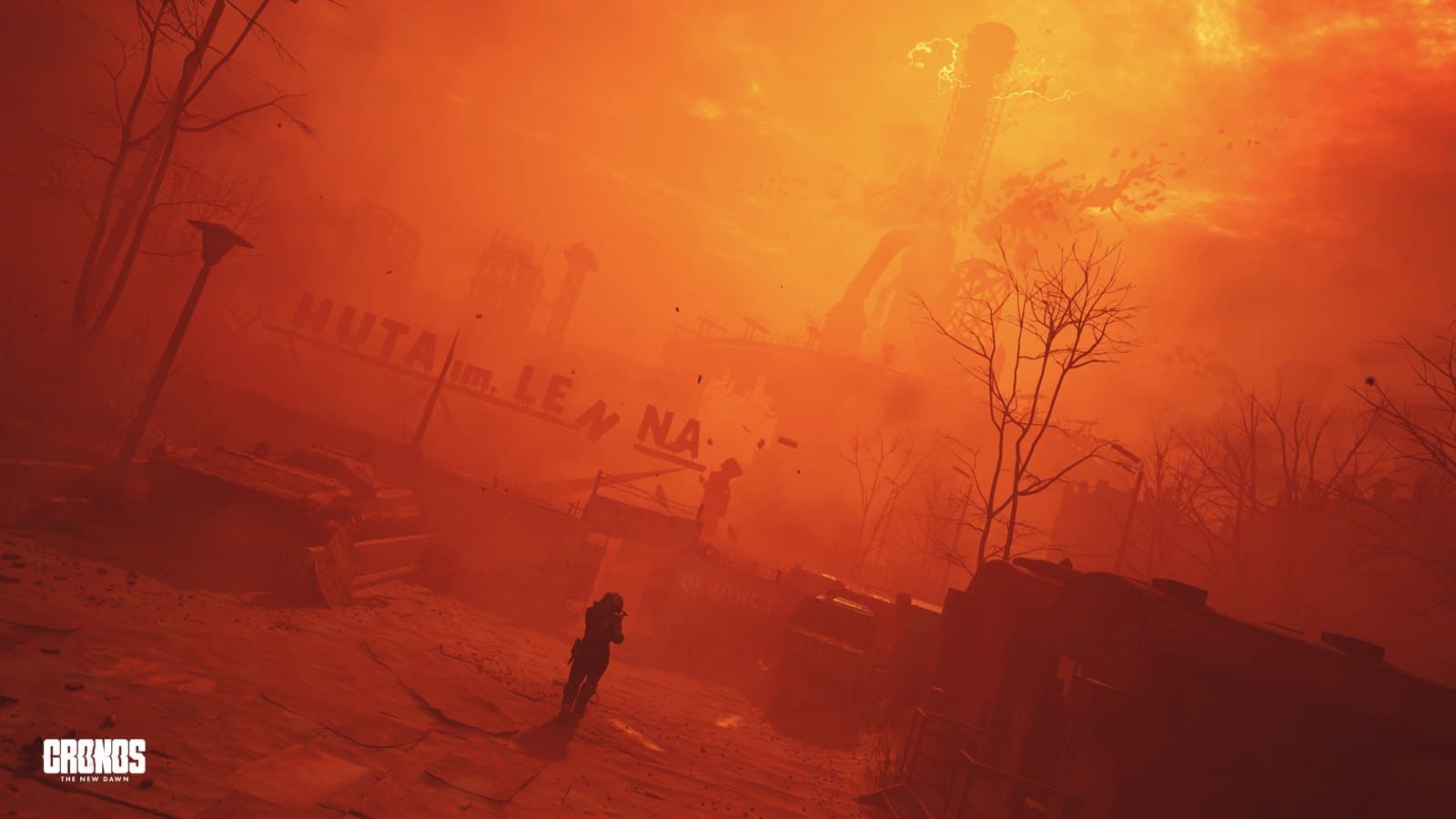 Imagem feita no modo foto de Cronos: The New Dawn, com uma tempestade alaranjada.