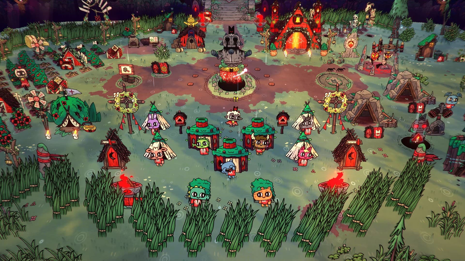 Base da seita em Cult of the Lamb, com casas, plantações e seguidores reunidos ao redor da estátua do cordeiro