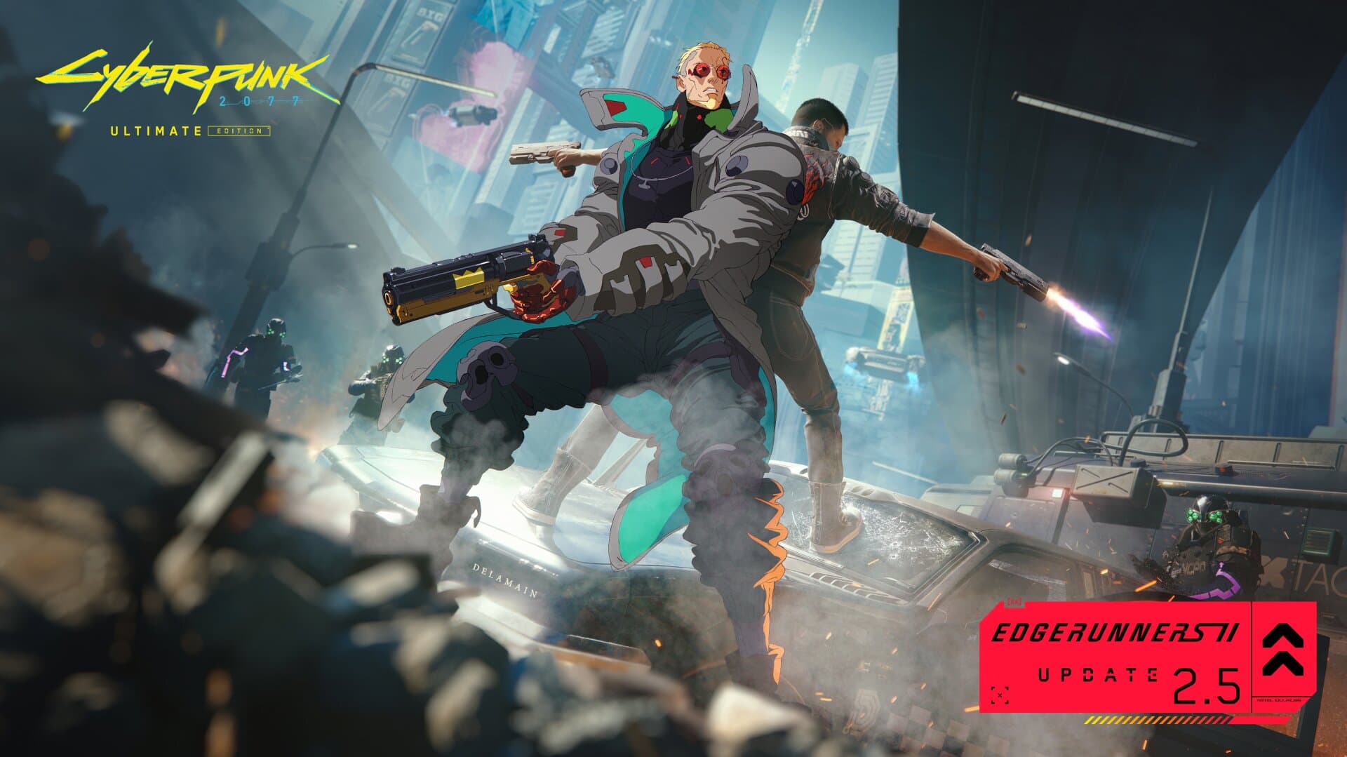 Ilustração oficial da atualização 2.5 de Cyberpunk 2077, com V de costas para um personagem de Edgerunners 2, ambos armados, sobre um táxi Delamain destruído