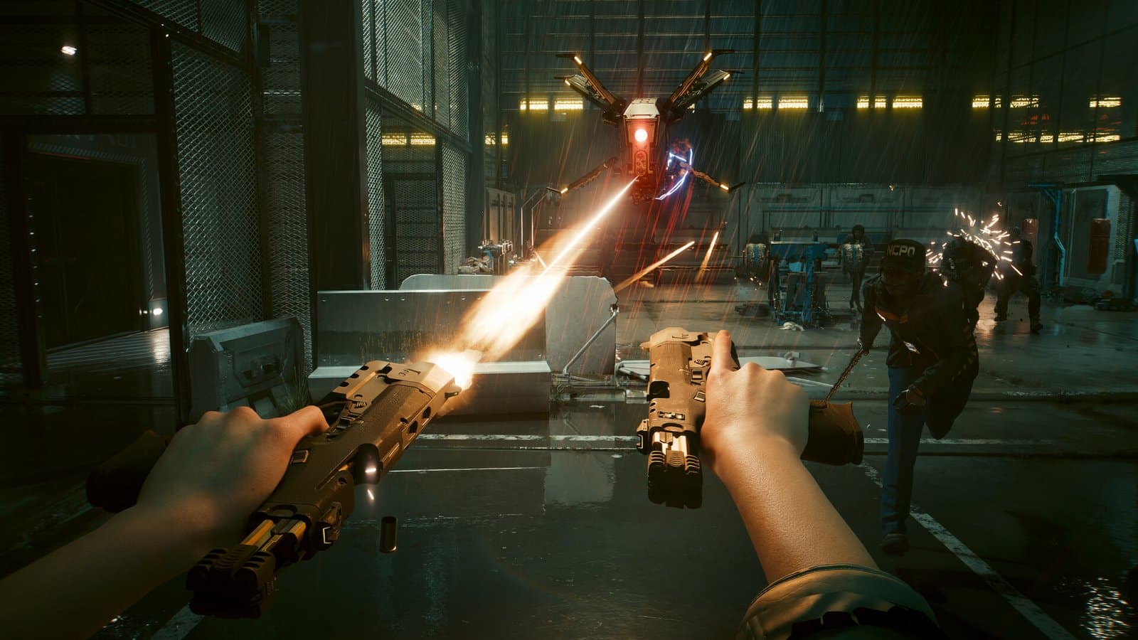 V atira com uma pistola em cada mão em Cyberpunk 2077, recurso da atualização 2.5
