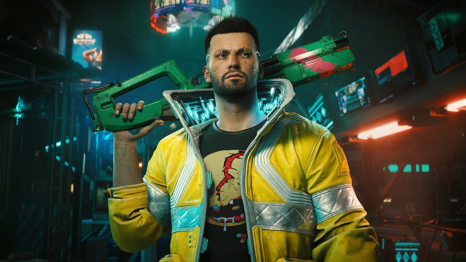 V com a jaqueta amarela de David, protagonista da primeira temporada de Edgerunners.