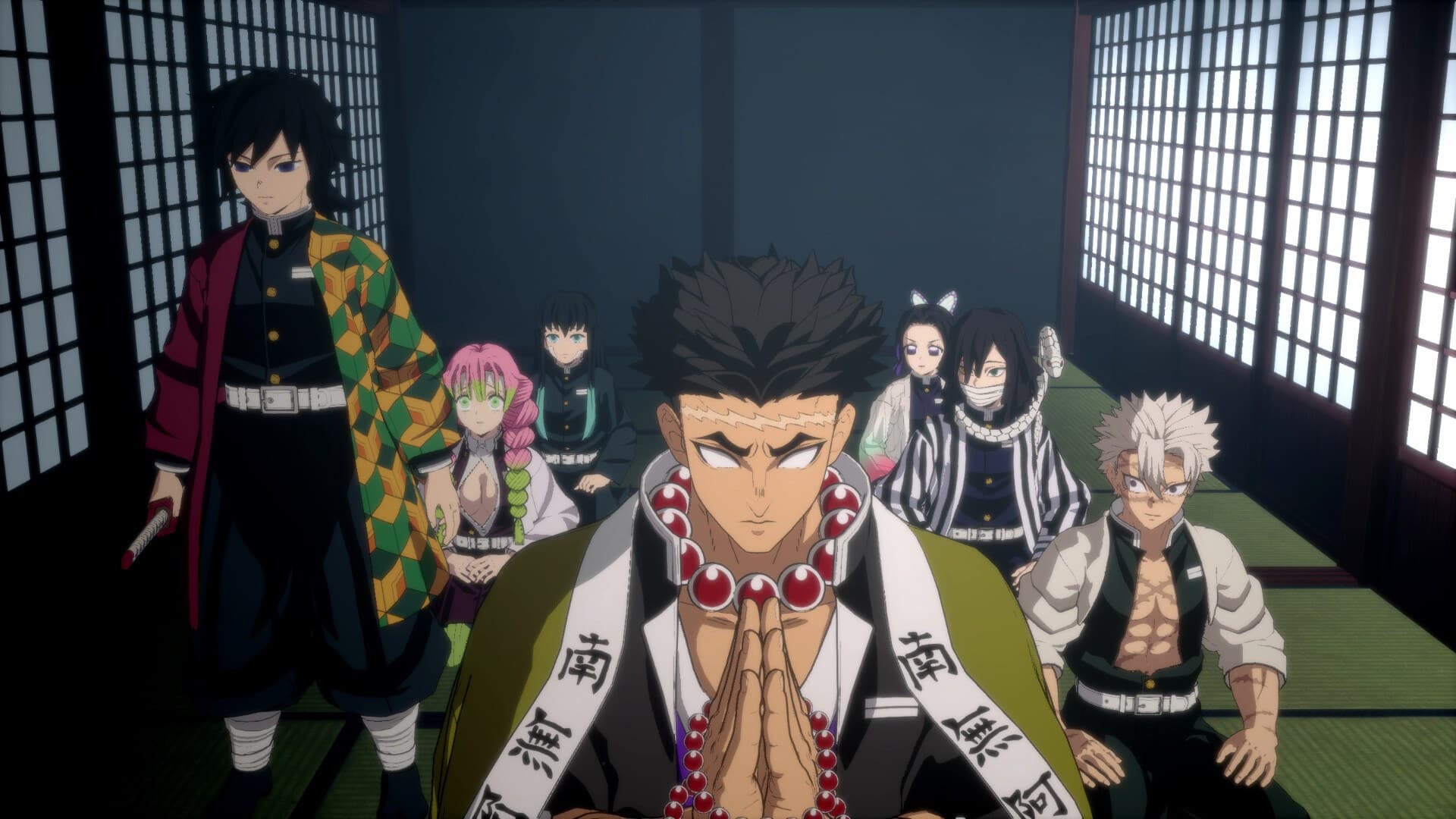 Os Hashira reunidos em cena do modo história de The Hinokami Chronicles 2.
