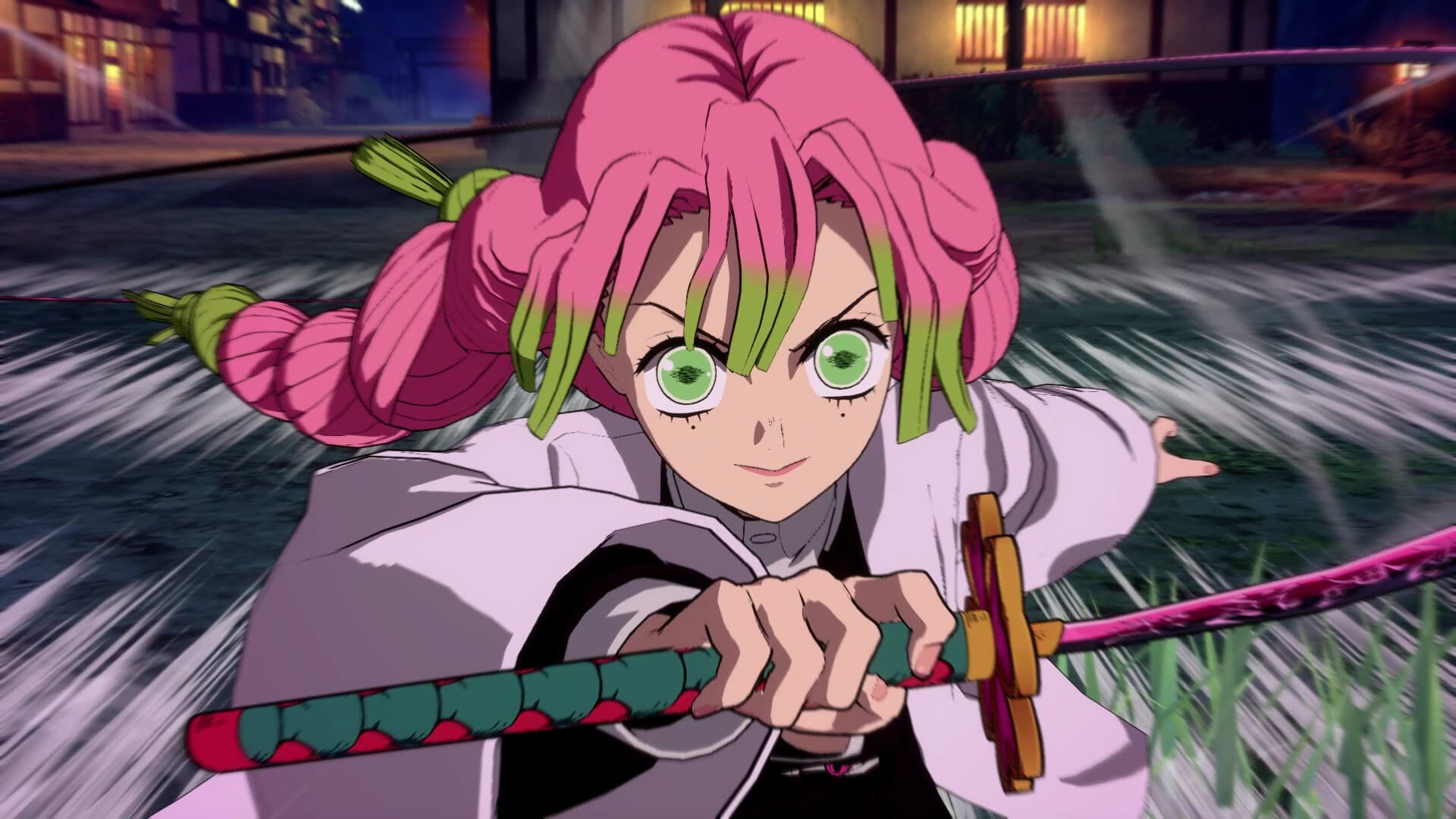 Mitsuri Kanroji, de tranças rosa e verdes, empunha a espada em The Hinokami Chronicles 2