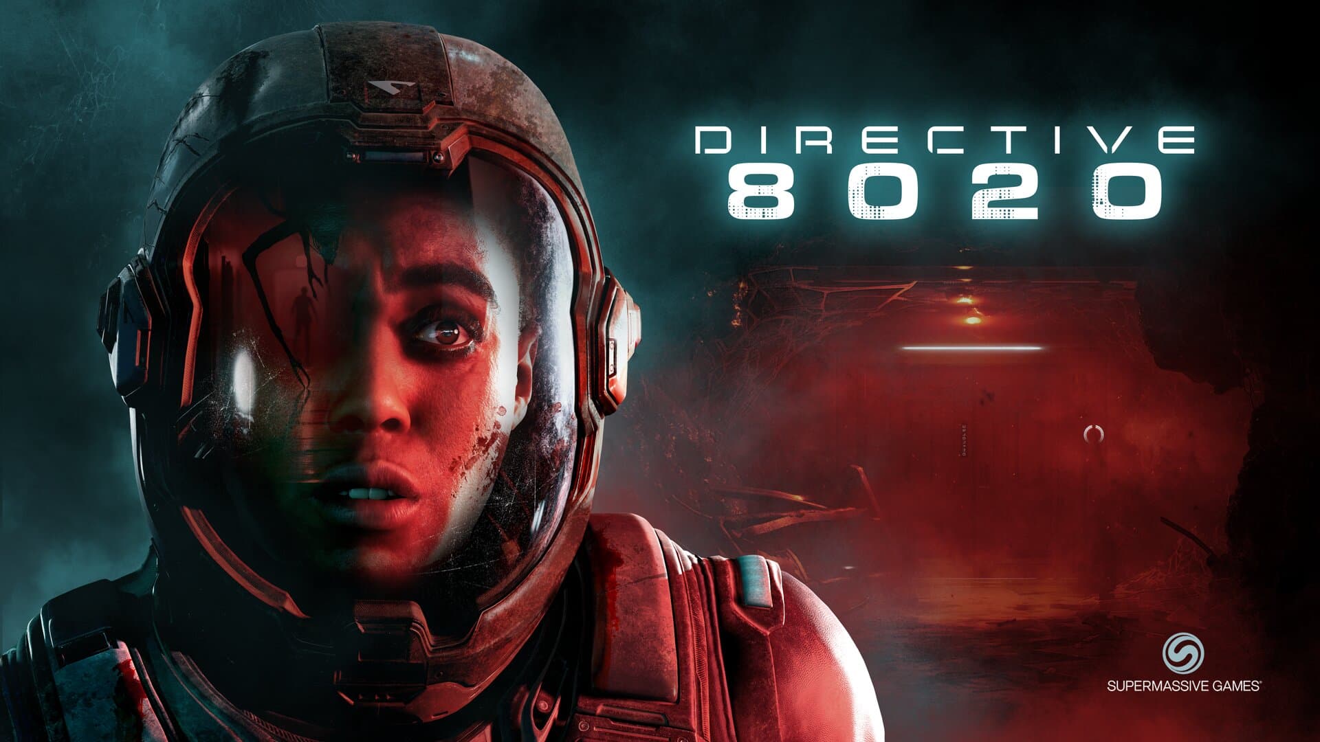 Arte oficial de Directive 8020: tripulante da Cassiopeia com capacete espacial danificado sob luz vermelha