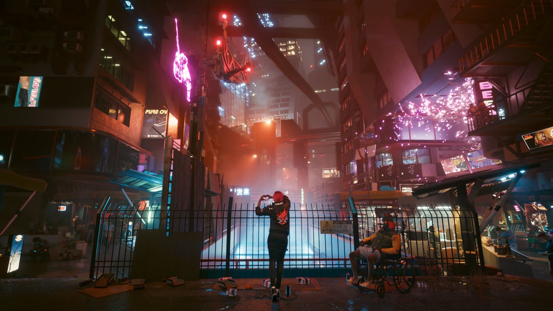 Rua de Night City à noite em Cyberpunk 2077, com letreiros de neon rosa e azul refletindo no asfalto