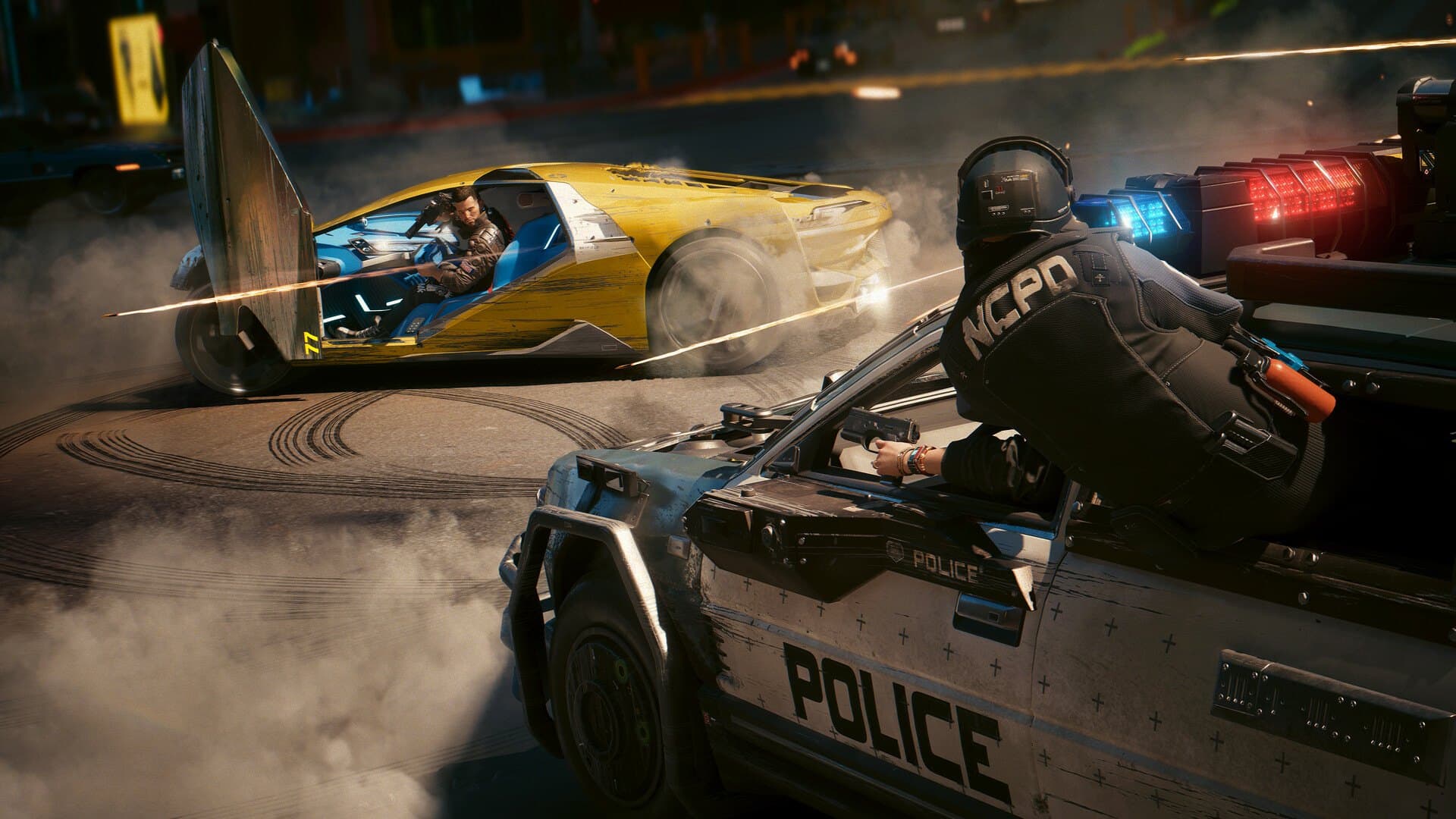 Perseguição policial em Night City, em Cyberpunk 2077.