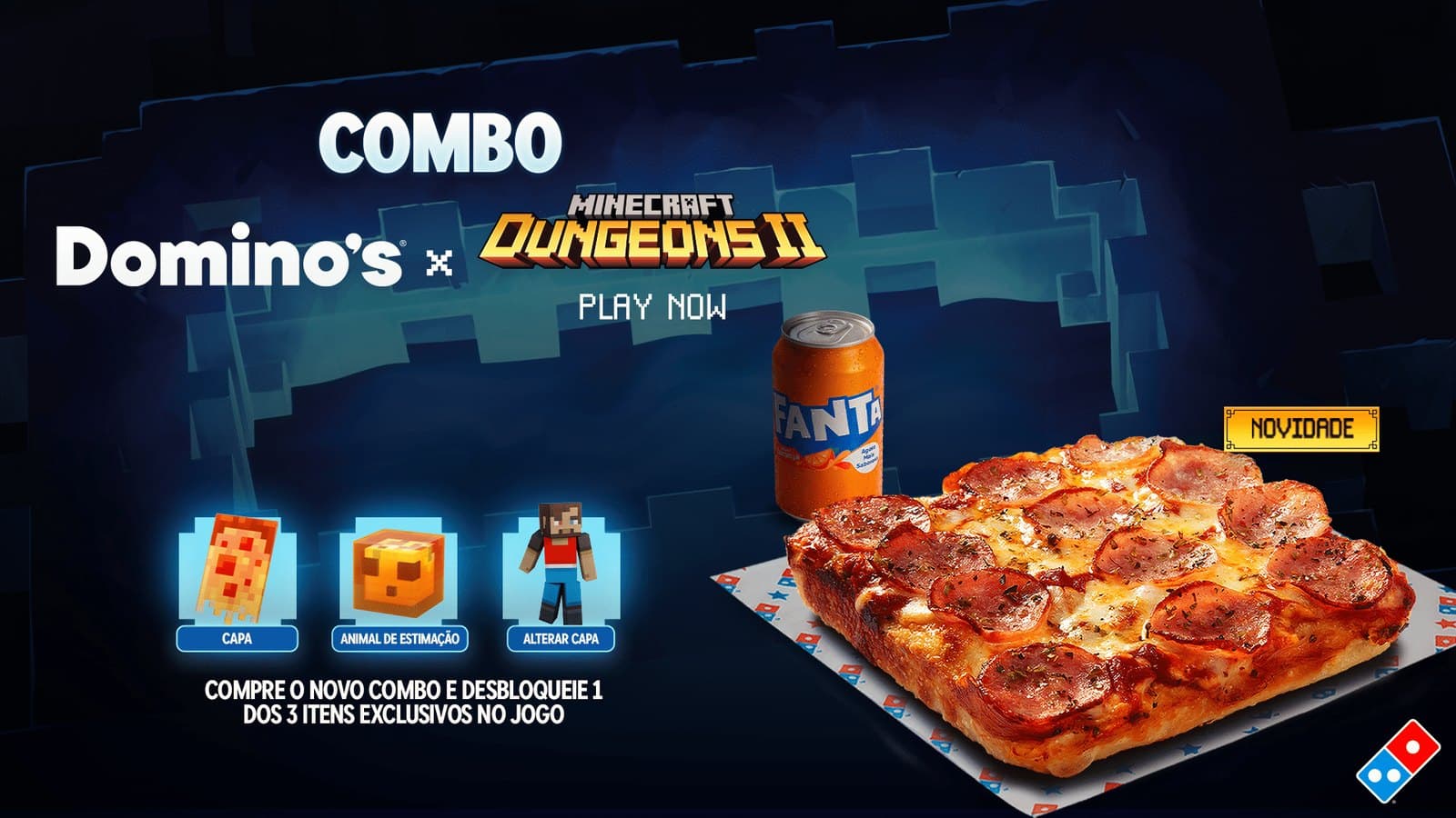 Combo Domino's x Minecraft Dungeons II com pizza quadrada, refrigerante e os três itens exclusivos do jogo