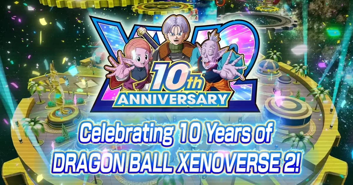 Arte de 10 anos de Dragon Ball Xenoverse 2 com Trunks, Fu e a Supreme Kai of Time