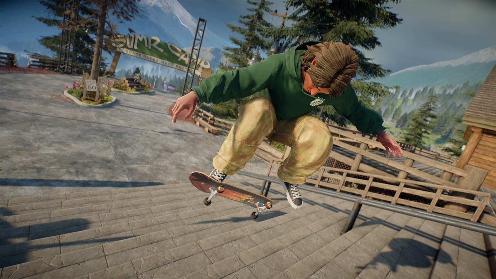 Skatista de moletom verde faz manobra sobre um corrimão de madeira em Skate, jogo da Full Circle, estúdio da EA atingido pelos cortes