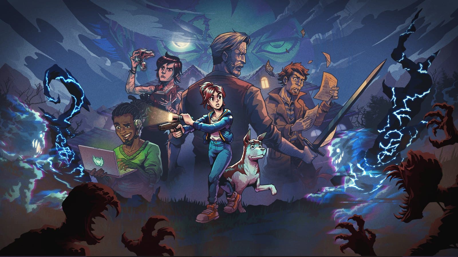 Arte oficial de Enigma do Medo com Mia, seus companheiros e um cachorro cercados por criaturas e raios azuis