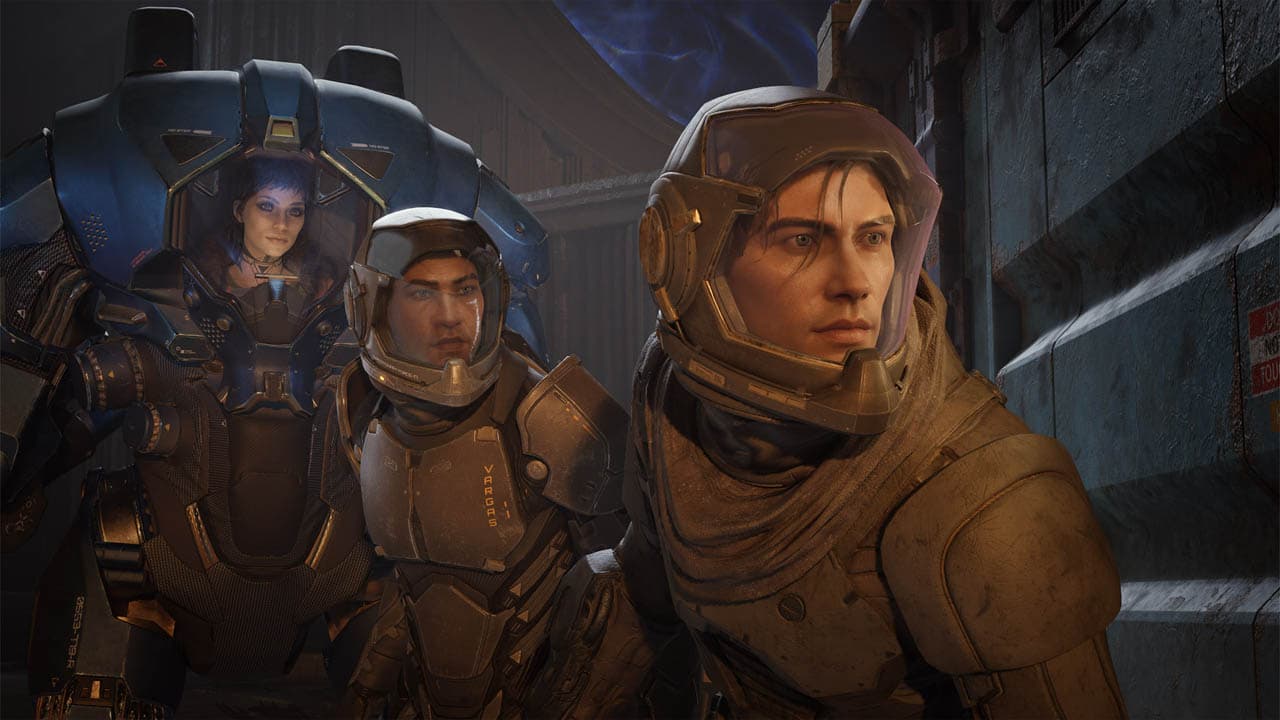 Jun Aslan de traje espacial à frente da equipe em Exodus, RPG da Archetype Entertainment