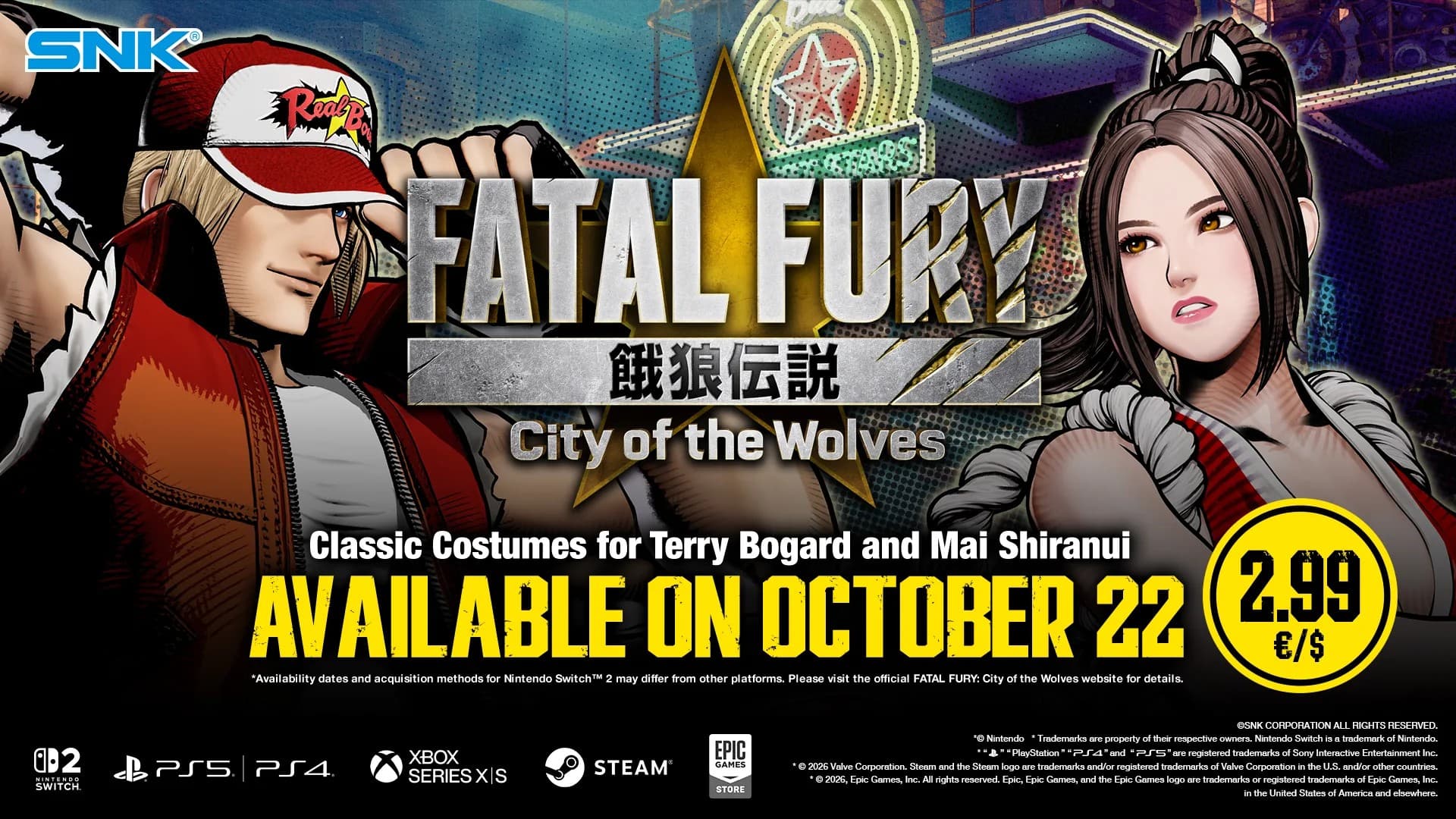 Terry Bogard de boné vermelho e Mai Shiranui com o traje clássico de kunoichi na arte de Fatal Fury: City of the Wolves