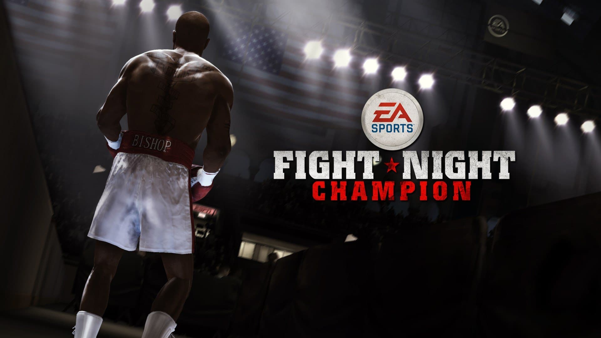 Andre Bishop de costas, sob os holofotes, na arte oficial de Fight Night Champion
