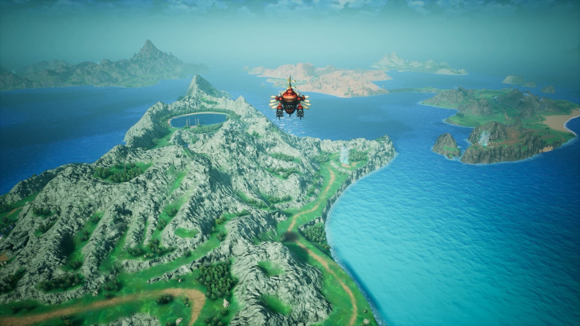 Imagem oficial de Final Fantasy Resonance com uma aeronave sobrevoando um continente em estilo HD-2D